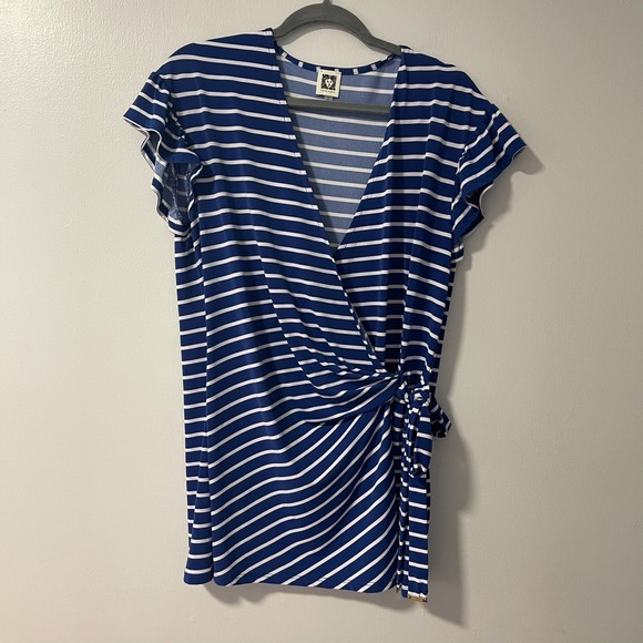 Anne Klein Tops - Anne Klein Blue and White Tie-Front Blouse with Flutter Sleeves, Size Large